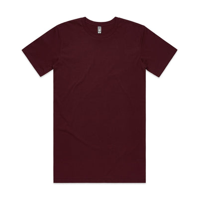 Burgundy crew neck t-shirt with short sleeves and a ribbed neckline, made of cotton.