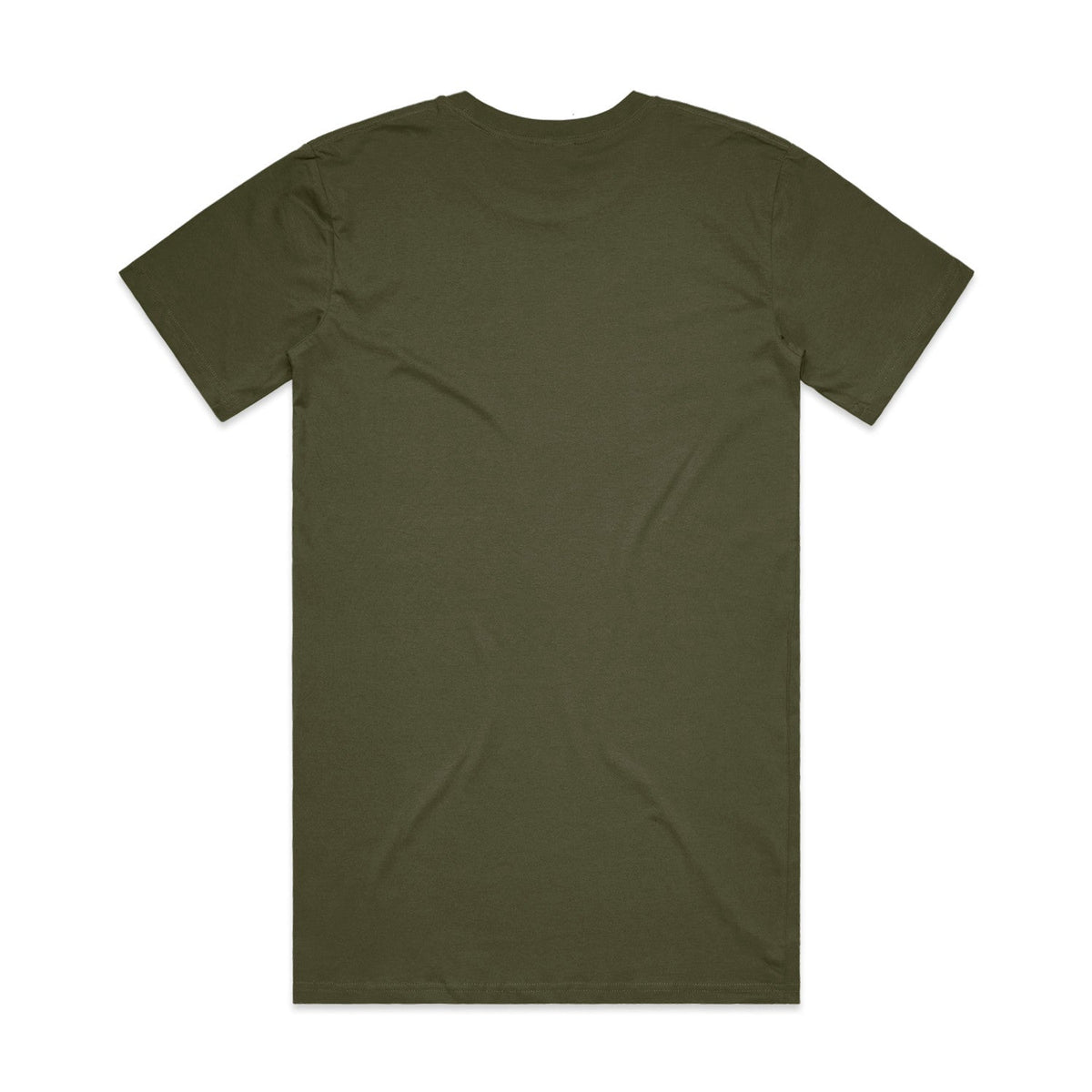 Olive green crew neck t-shirt with short sleeves and a relaxed fit.