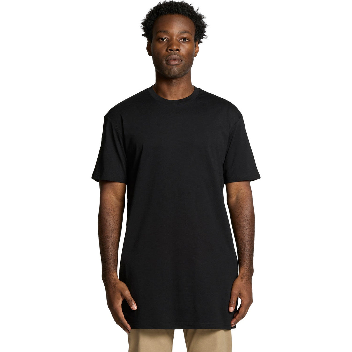 Black crew neck t-shirt with short sleeves and a relaxed fit.