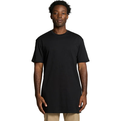Black crew neck t-shirt with short sleeves and a relaxed fit.