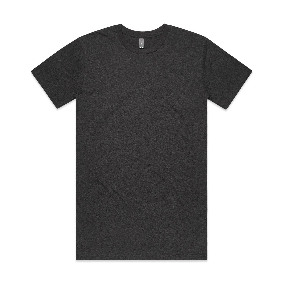 Black crew neck t-shirt with short sleeves and a relaxed fit.