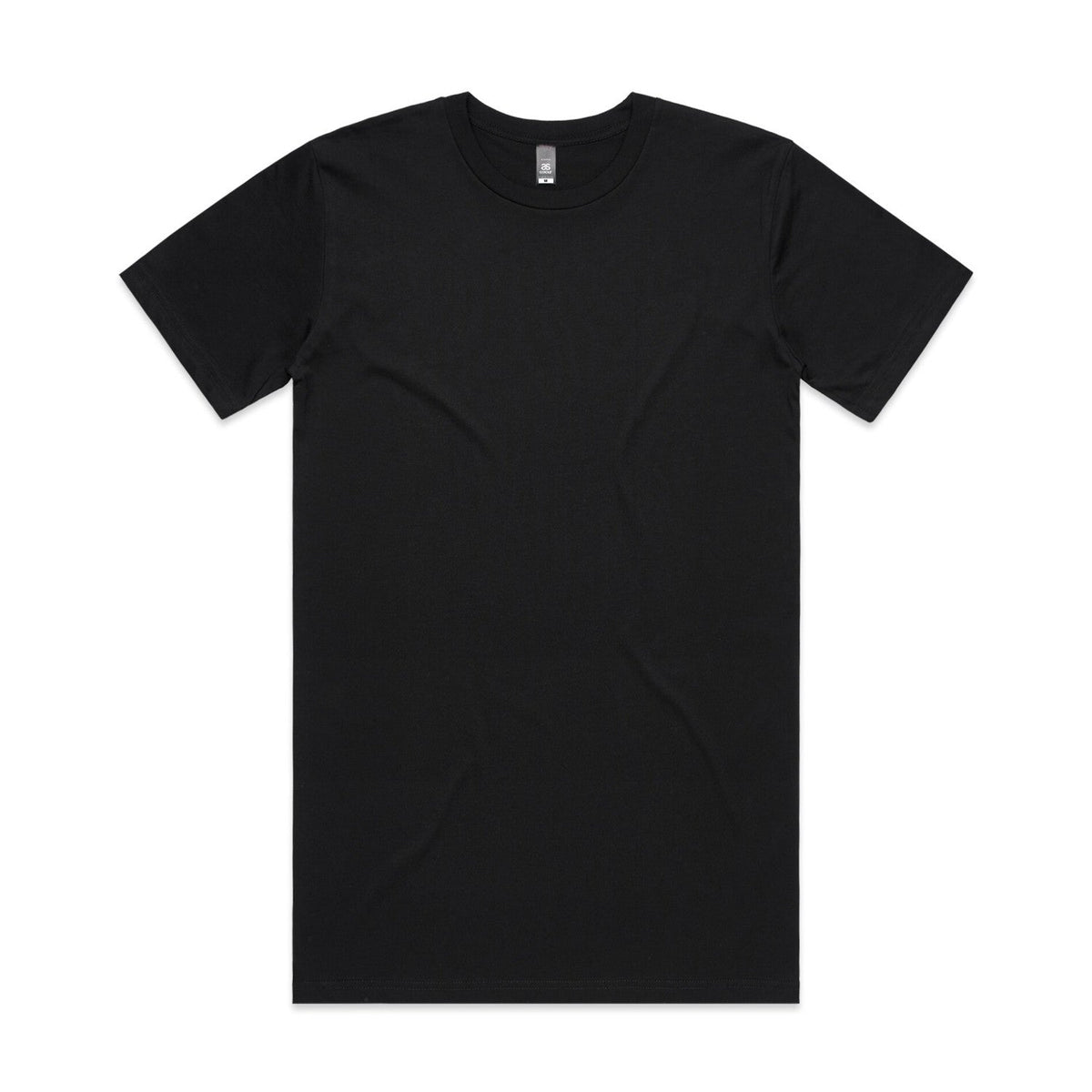 Black v-neck t-shirt with short sleeves and a small white tag on the back.