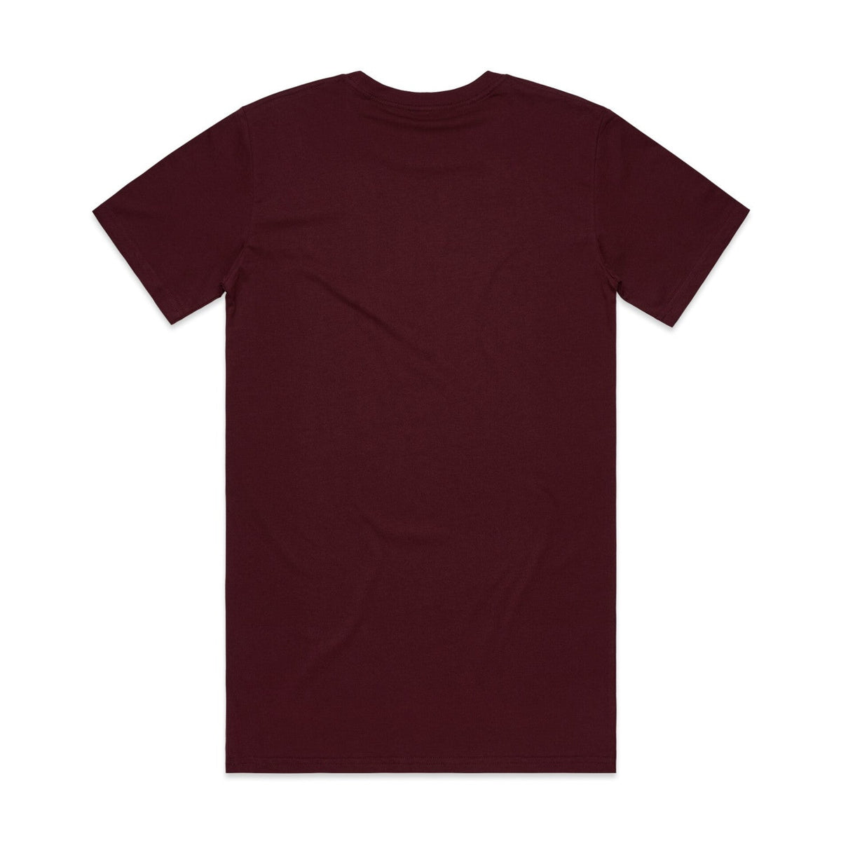 Maroon crew neck t-shirt with short sleeves and a relaxed fit.