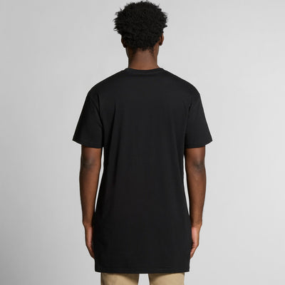 Black crew neck t-shirt with short sleeves and a pocket on the back.