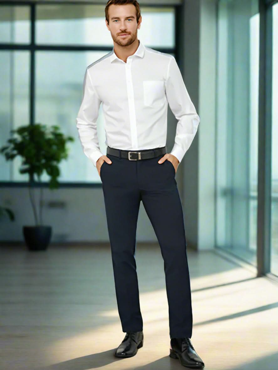Mens classic slim BS720M shirt with navy trousers
