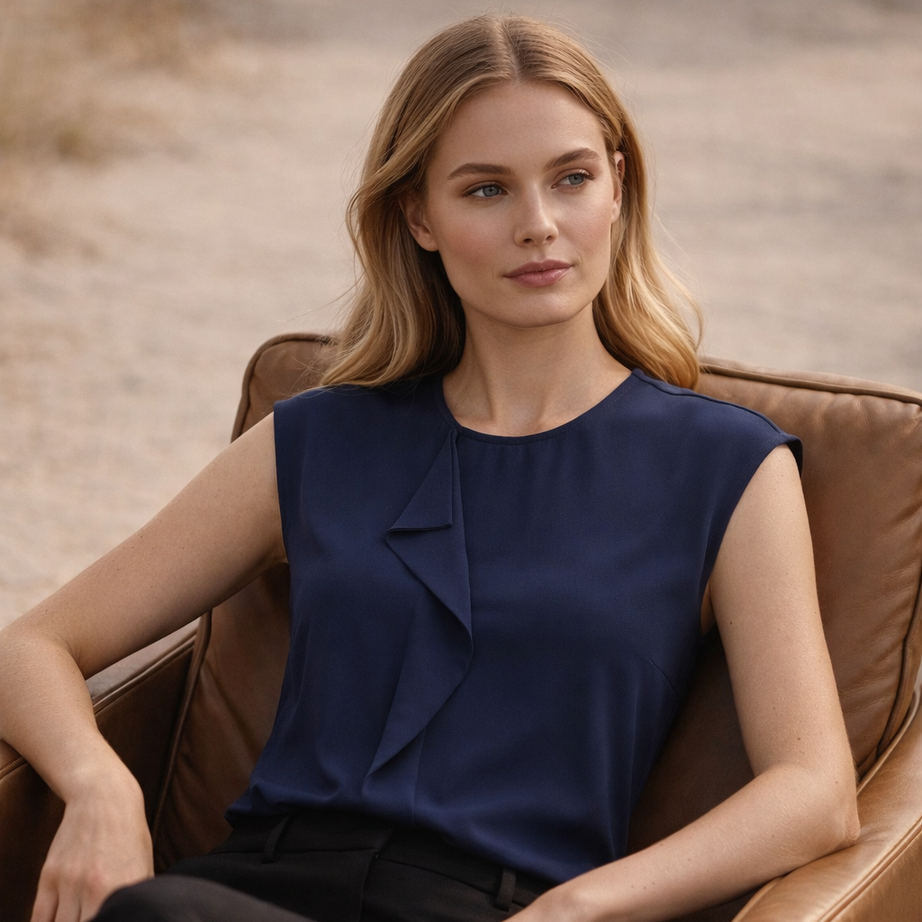 Mia ladies knit top in navy blue with offset pleat fold ruffle