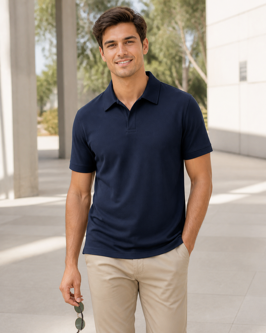 Male model wearing deep navy Micro Waffle Polo
