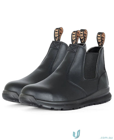 Black leather Chelsea safety boots with pull tabs, resistant sole for uniforms