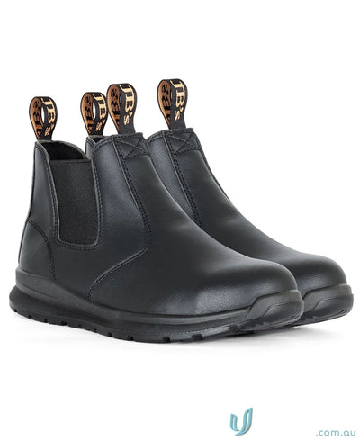 Black resistant work boots with elastic sides and sturdy sole for uniforms