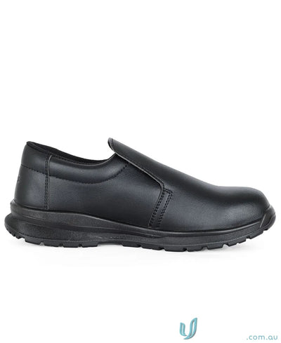 Black leather slip-on shoe with durable sole, perfect for uniforms and workwear