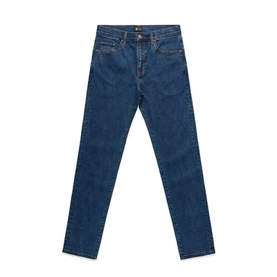 Mid blue denim jeans with classic five-pocket design and faded wash ideal for work uniforms and durable workwear
