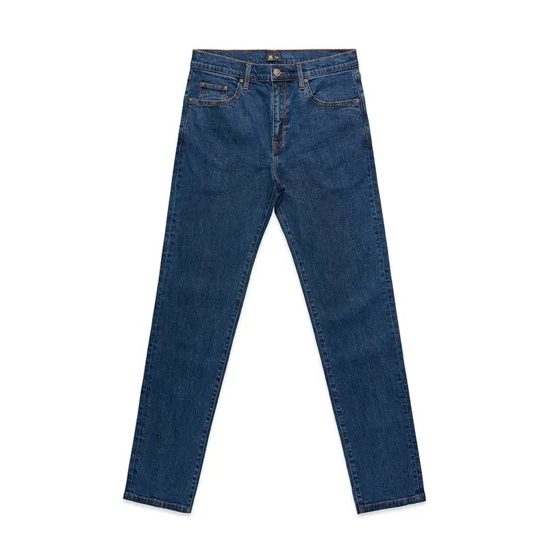 Mid blue denim jeans with classic five-pocket design and faded wash ideal for work uniforms and durable workwear