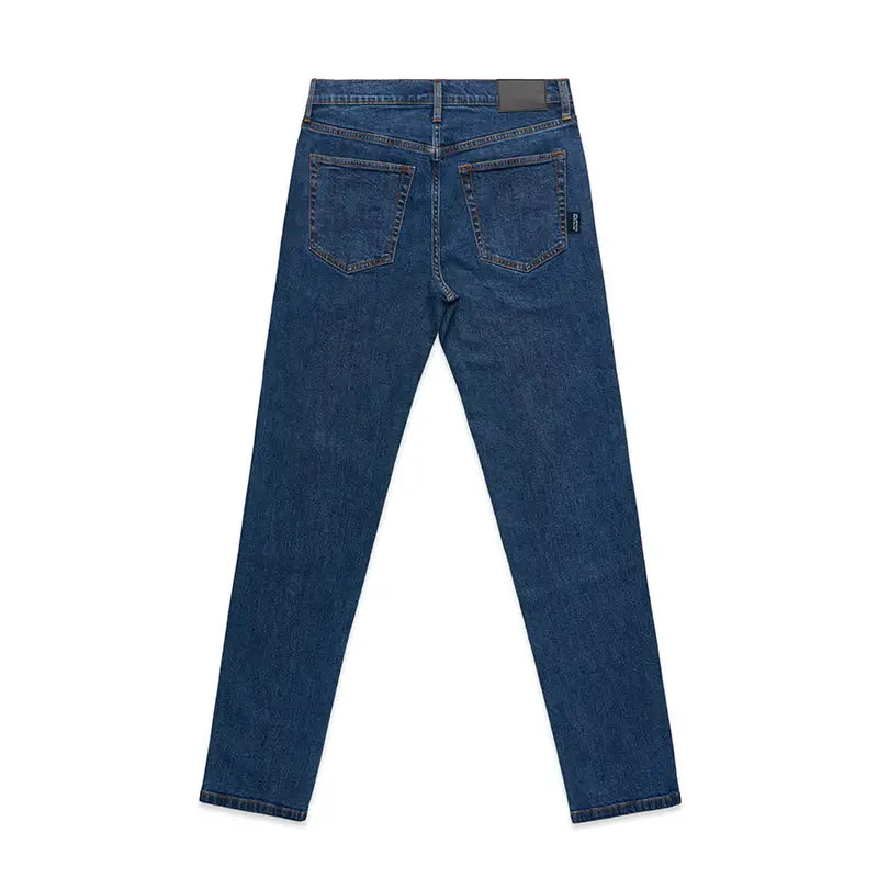 Mid blue denim jeans with classic straight-leg cut and subtle thigh fading perfect for workwear uniforms