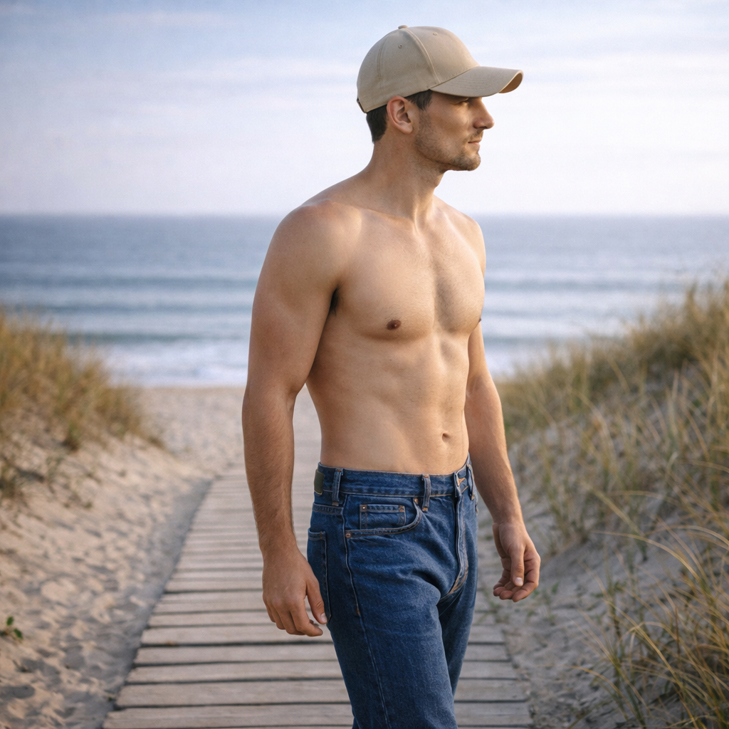 A man wearing a beige baseball cap on the beach with mid blue denim jeans perfect for work uniforms and workwear