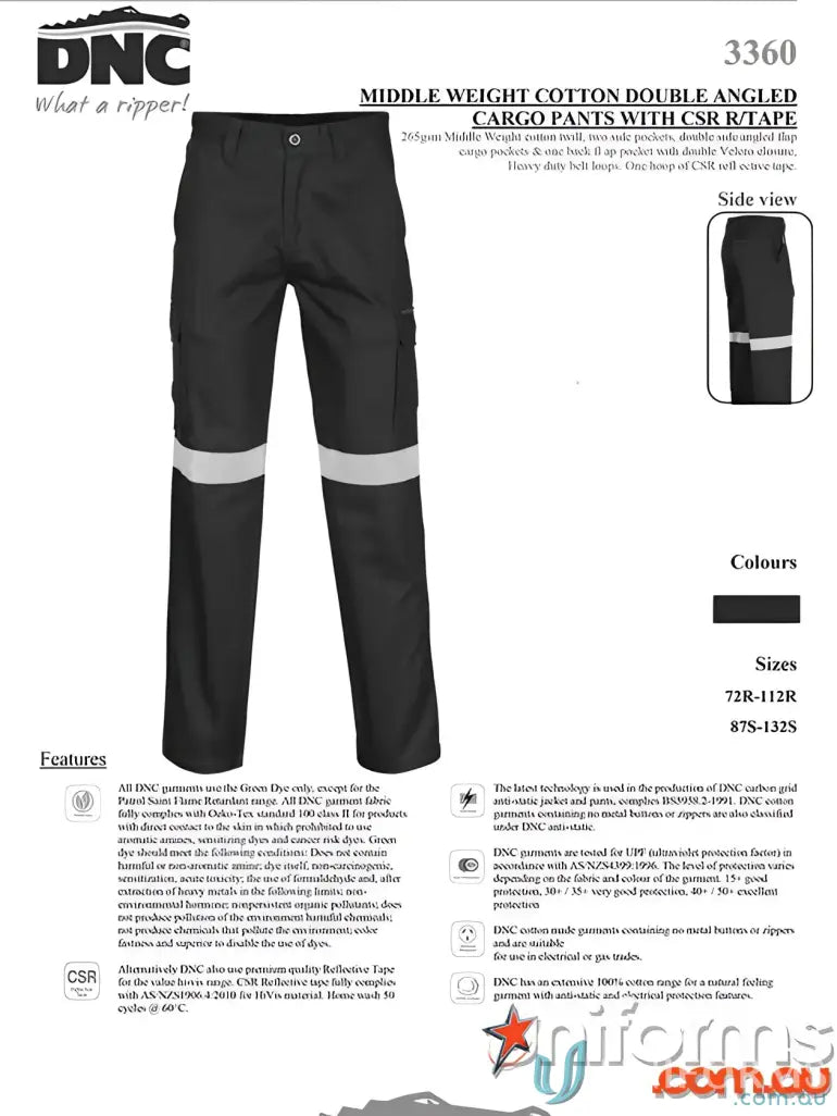 Black work cargo pants with reflective tape for safety and durability, CRS reflective tape