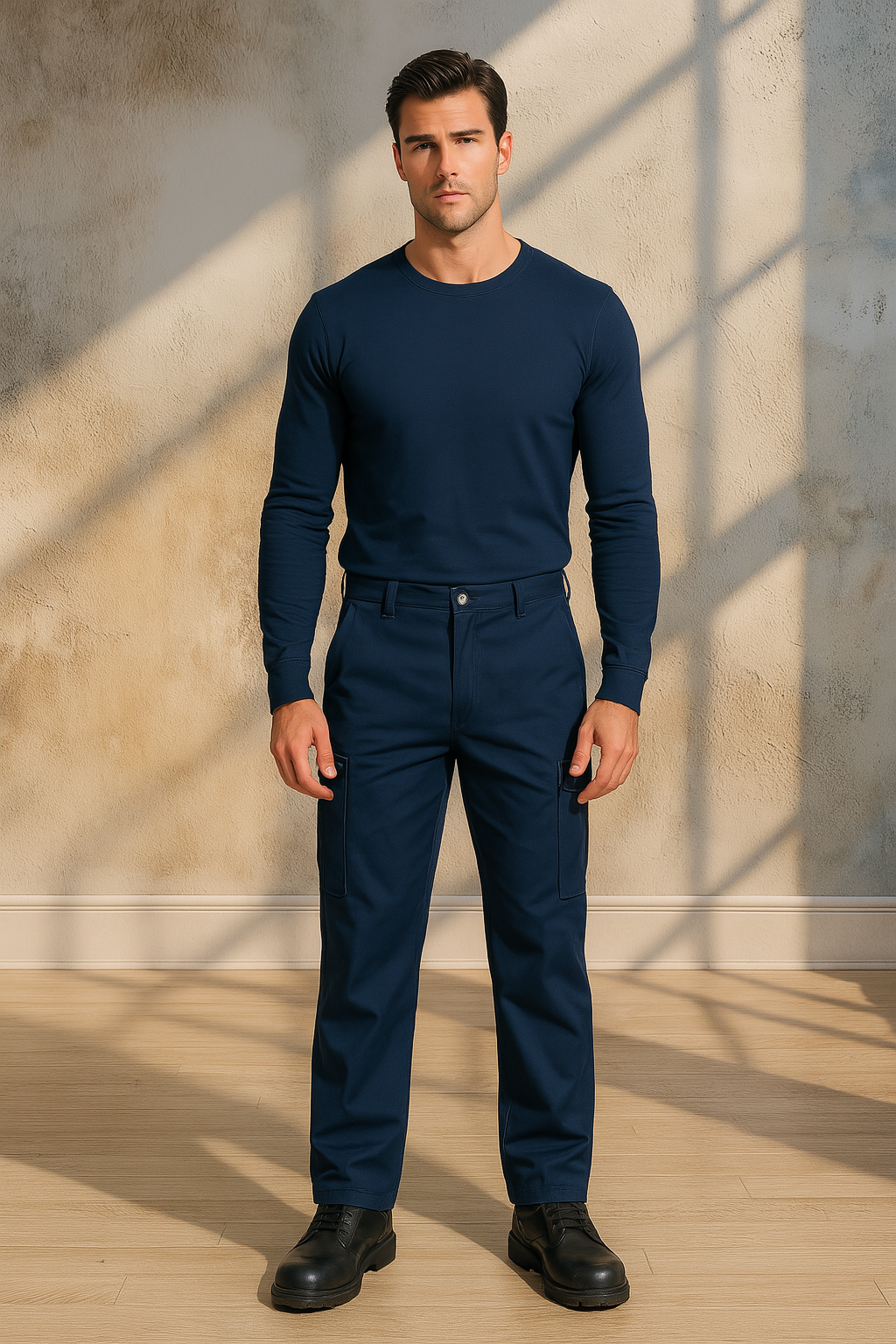 Navy blue middle weight cotton double slant cargo pants outfit