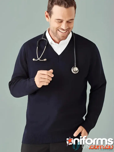 Navy v-neck Milano Knit Jumper from Biz Collection Milano with merino wool and stethoscope