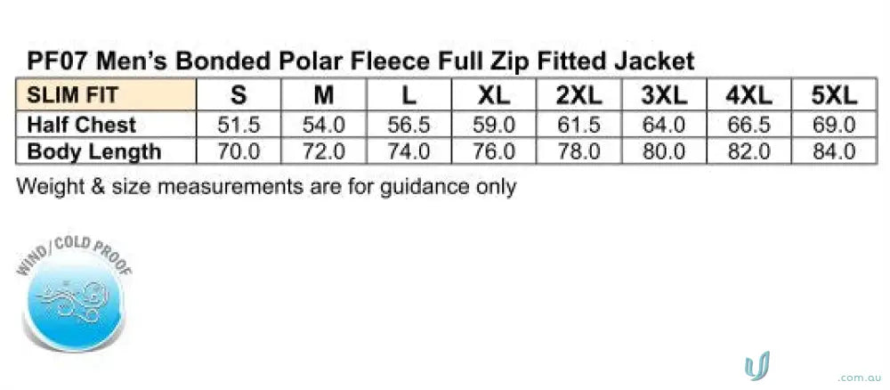 Mens jacket size chart for Mildura Central Mens Polar Jacket workwear uniforms