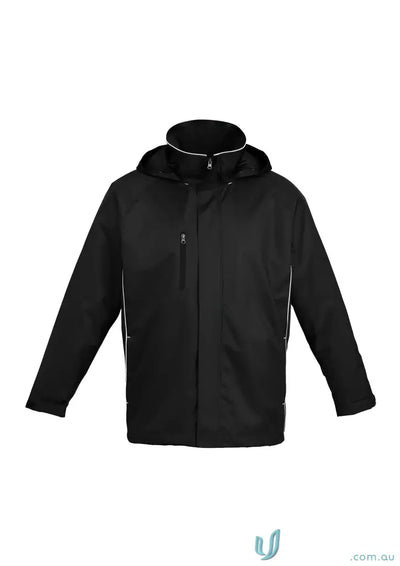 Black unisex jacket with white zipper accents and subtle seams perfect for workwear and uniforms
