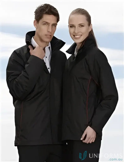 Black waterproof unisex jacket with red stitching designed for durable workwear and uniforms use