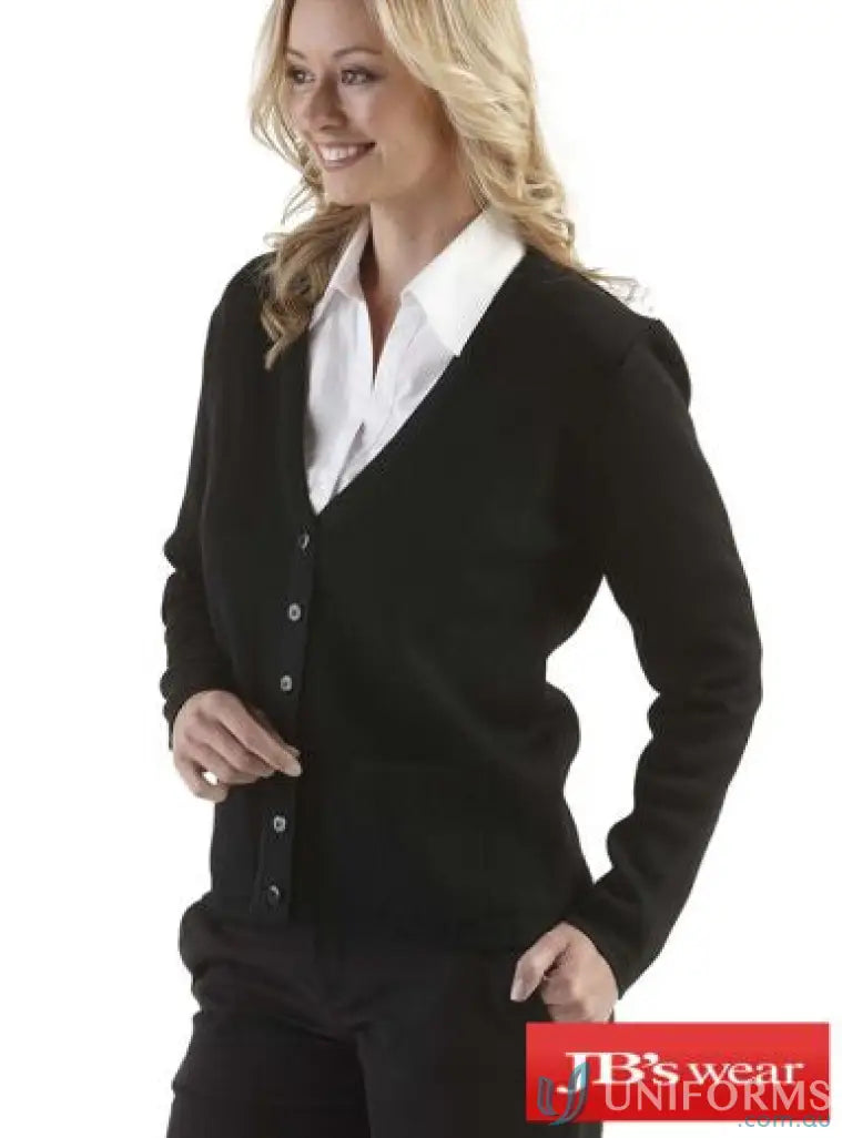 Black long-sleeved cardigan with button closure and v-neckline perfect for workwear and uniforms
