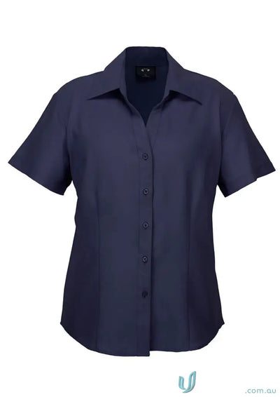 Navy blue ladies ss shirt with classic collar and buttons perfect for comfortable workwear uniforms