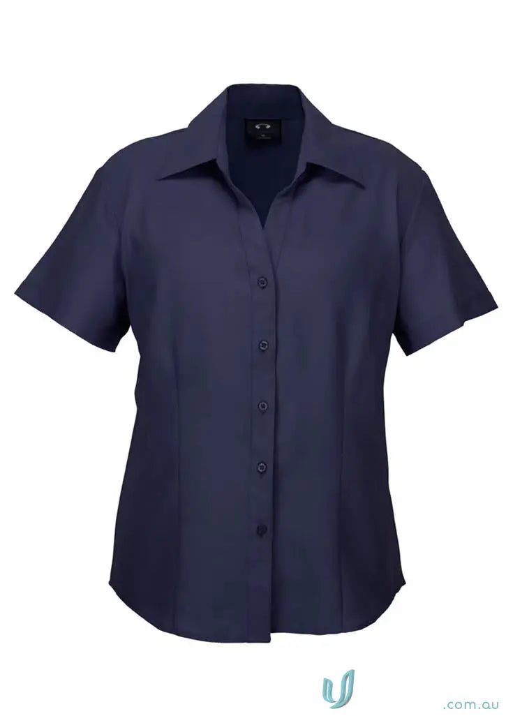 Navy blue ladies ss shirt with classic collar and buttons perfect for comfortable workwear uniforms