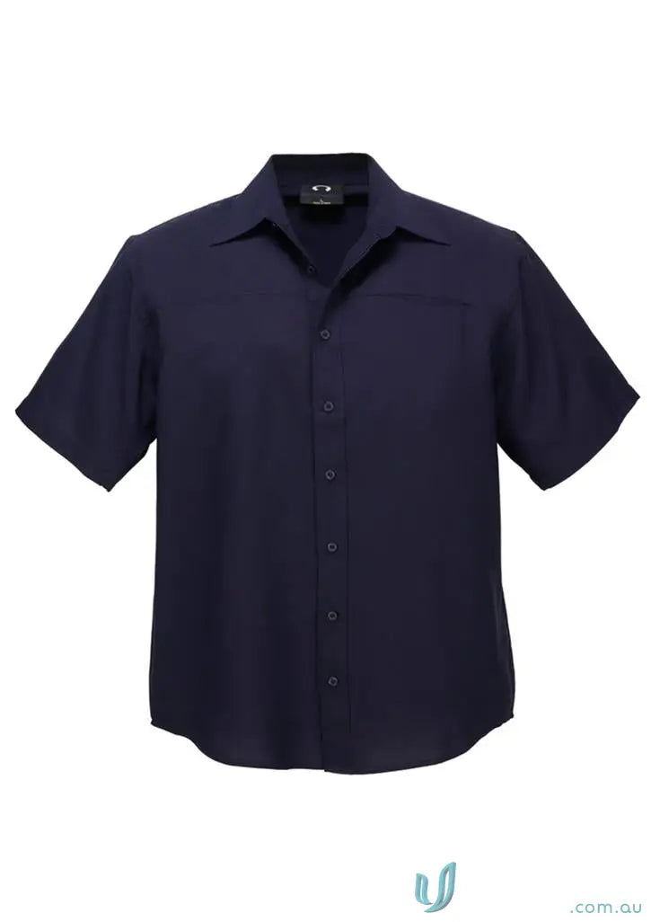 Mens ss shirt dark navy short-sleeved button-up with classic collar and stitching perfect for workwear uniforms