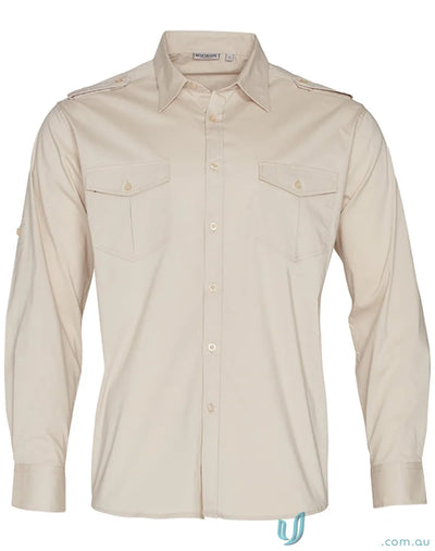 Beige m7912 mens long sleeve military shirt, Benchmark LS Military style