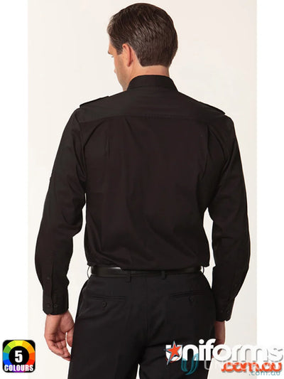 Black long-sleeved uniform shirt from Benchmark LS Military M7912 Mens Long collection