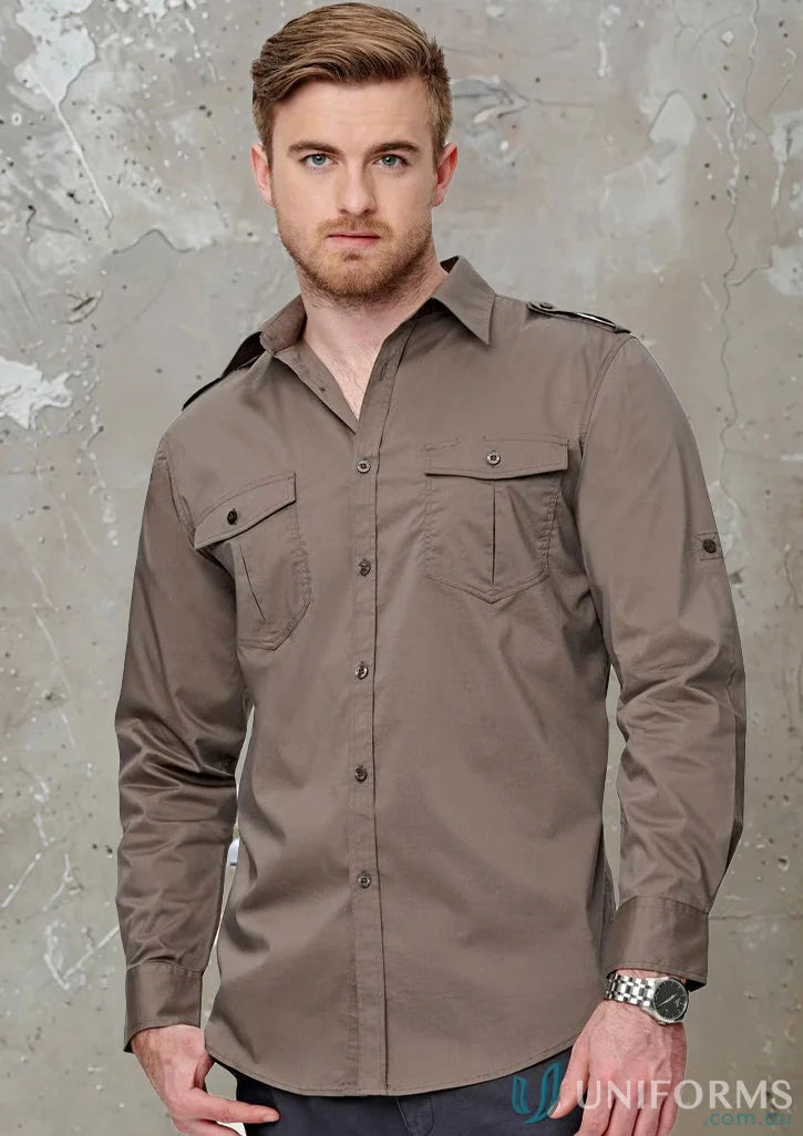 Brown long-sleeved button-down shirt from Benchmark LS Military M7912 Mens Long Sleeve Military Shirt