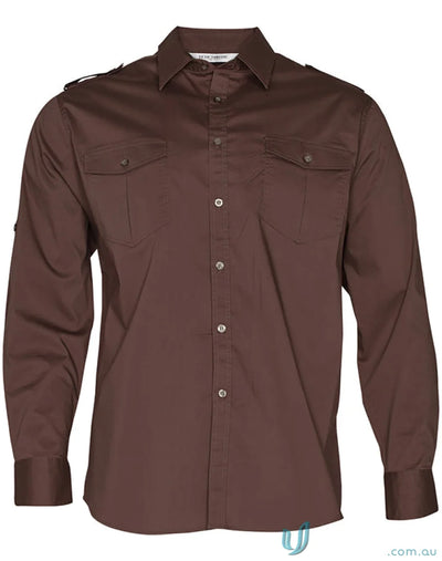 Brown long-sleeved button-down shirt from Benchmark LS Military M7912 Mens Long Sleeve Military Shirt