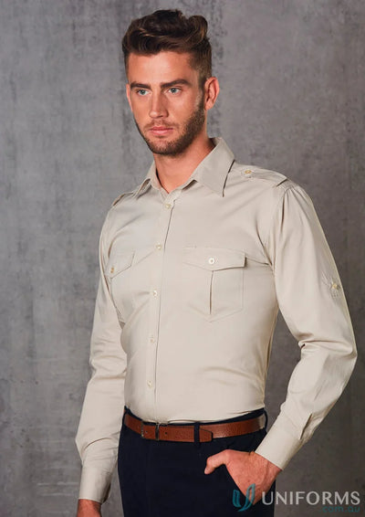 Man in beige benchmark LS military sleeve military shirt showing off M7912 Mens Long style