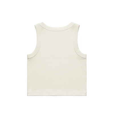Sleeveless, cream-colored knit top.