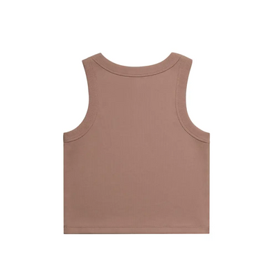 Moira Ladies Tank taupe sleeveless crop with wide binding rib trim