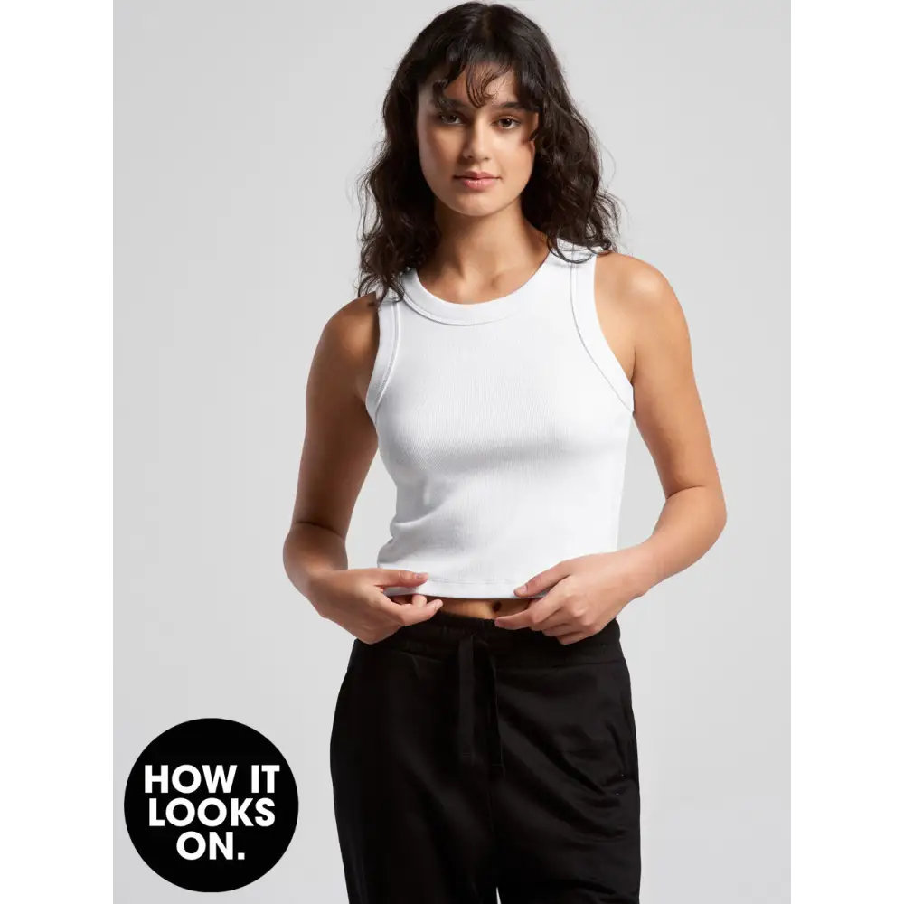 White sleeveless Moira Ladies Tank organic cotton crop with wide binding rib