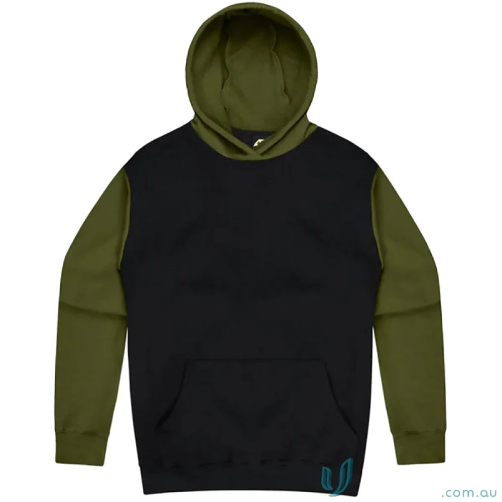 Black and olive green Monash Hoodie perfect for uniforms, with easy chest measurements