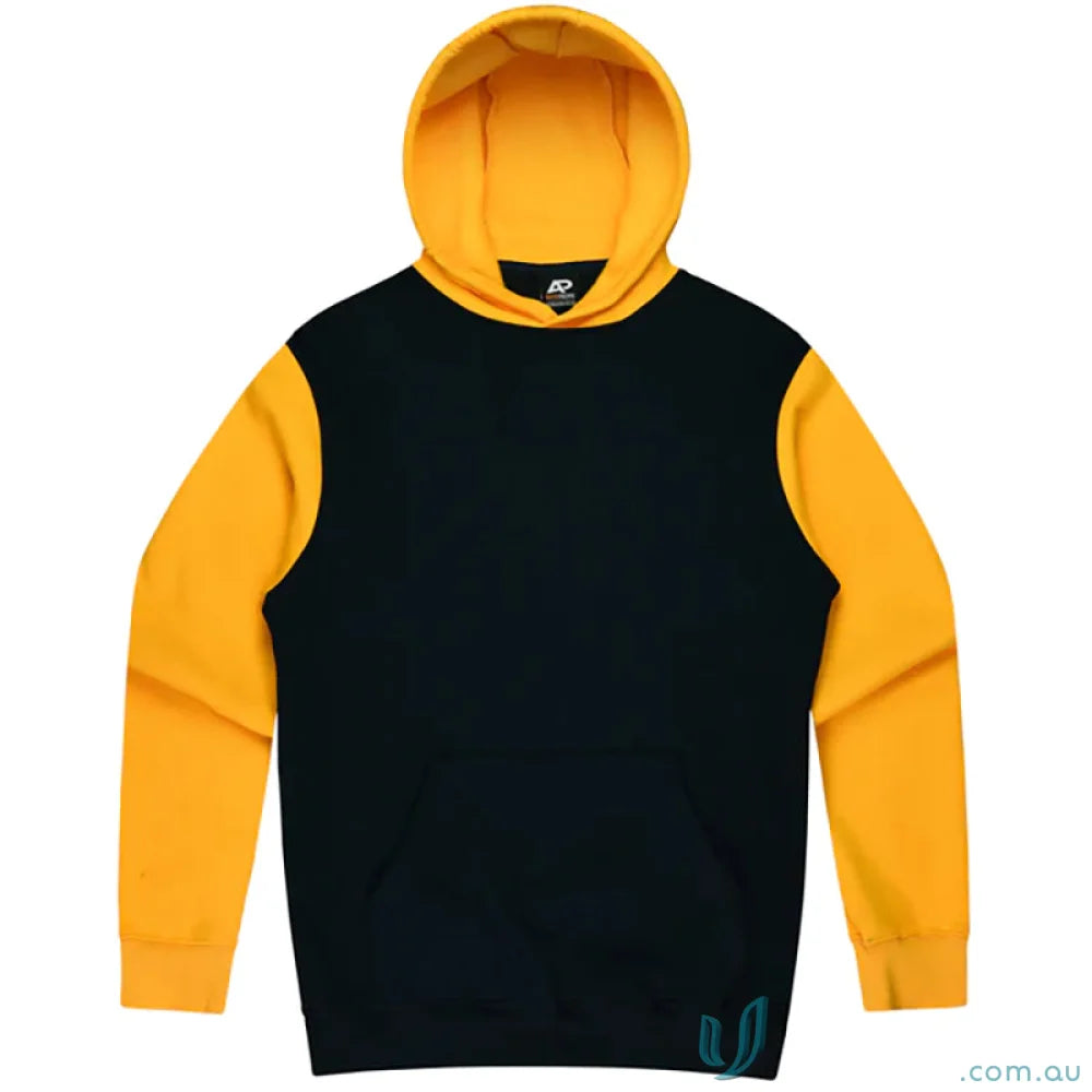 Black and yellow Monash Hoodie perfect for uniforms, shows chest measurements easy