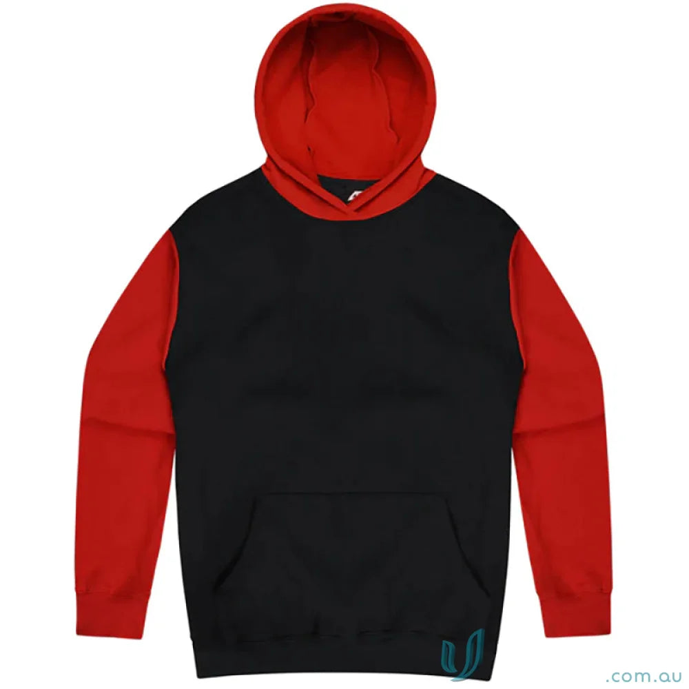 Red and black Monash Hoodie with chest measurements, perfect for uniforms