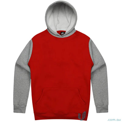 Red and gray Monash hoodie with chest measurements, perfect for casual uniforms