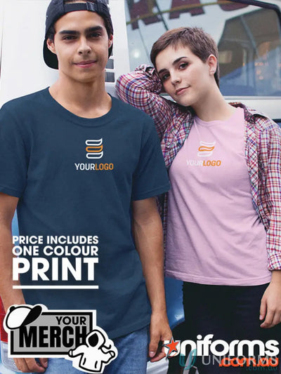 Two people in custom-printed premium cotton tees with one-colour print for minimum order
