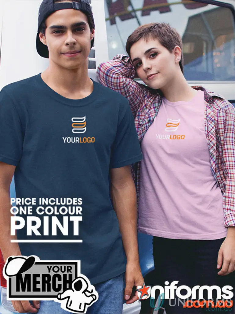 Two people in custom-printed premium cotton tees with one-colour print for minimum order