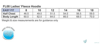 Ladies fleece hoodie size chart for MOQ100 Printed LADIES Hoodie workwear and uniforms