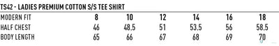 Ladies premium cotton tee shirt size chart for MOQ100 printed work uniforms or workwear