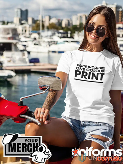 White T-shirt with black print from MOQ100 Printed Ladies Tee, perfect for workwear or uniforms