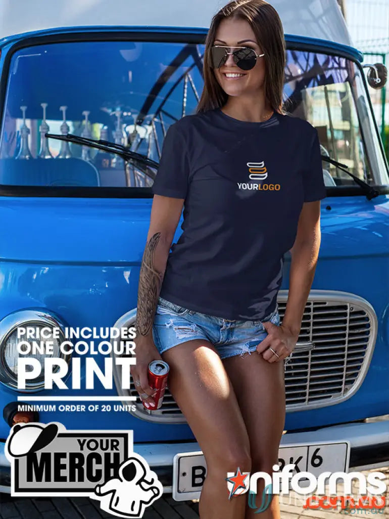 Woman in dark blue T-shirt and denim shorts, perfect for casual work uniforms or uniforms gear
