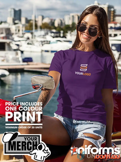 Purple T-shirt with custom logo for work uniforms or workwear by MOQ250 Printed LADIES Tee