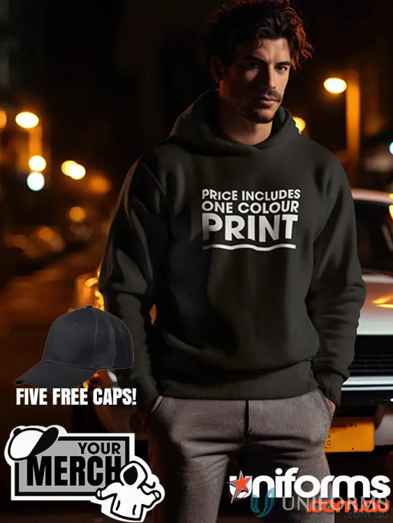 Black fleecy hoodie with white print from MOQ50 for uniforms and workwear