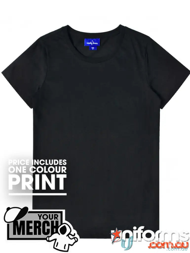 Black crew neck T-shirt from MOQ50 Printed LADIES Tee, perfect for work uniforms