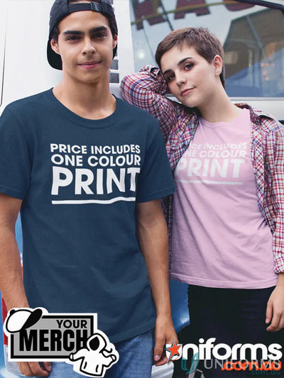 Two people wearing stylish printed T-shirts made from combed cotton for casual workwear